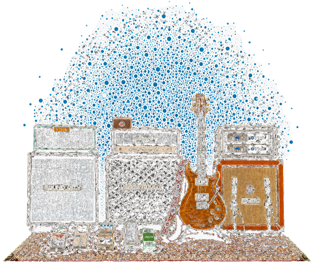 Nick Johnson's rig, illustrated: PRS guitar, hometeam head, Sound City, Mesa/Boogie and Orange cabs, Crown power amps, pedals on the rug